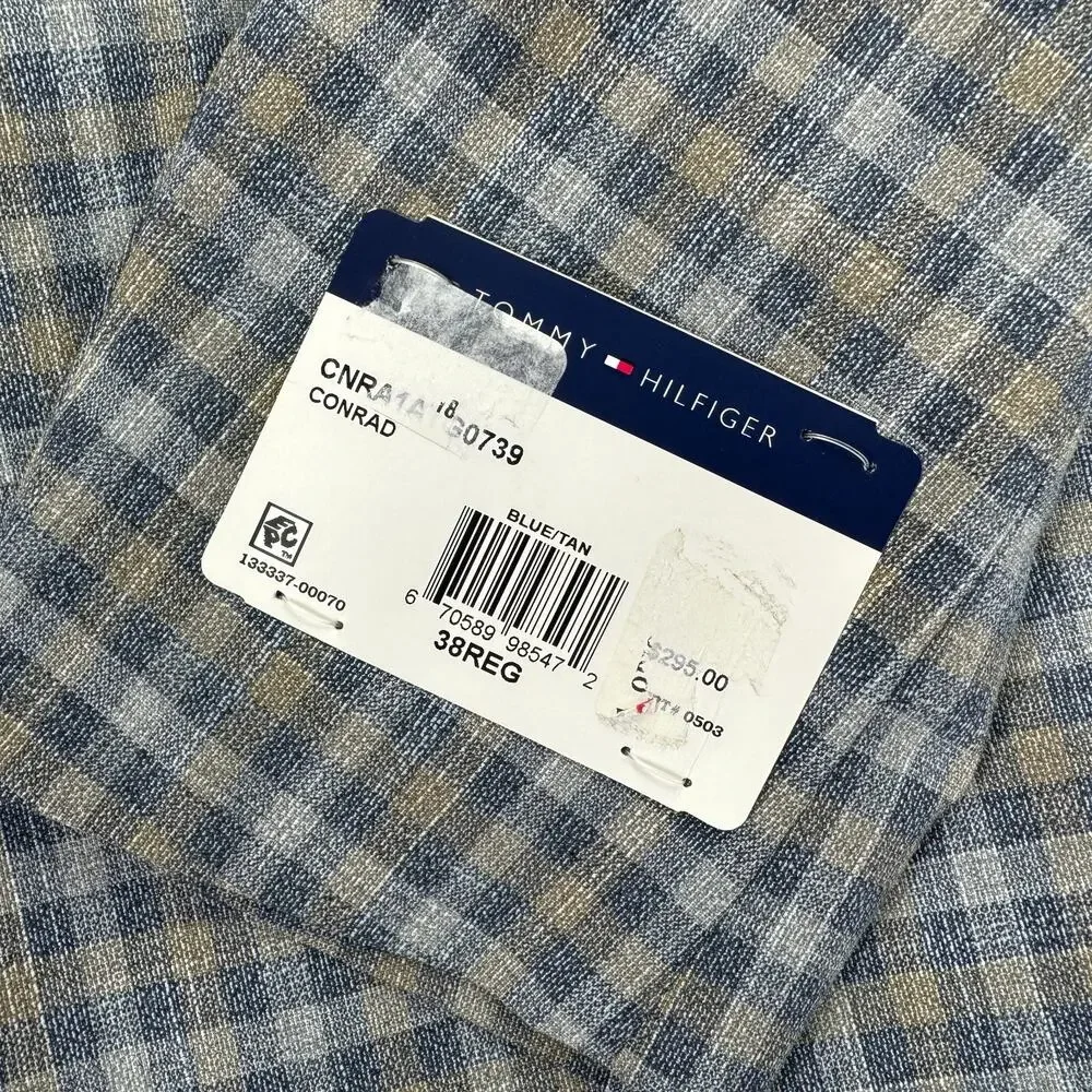 Tommy Hilfiger Mens TH Flex Conrad Modern Fit Plaid Sport Coat Blue Tan 38R